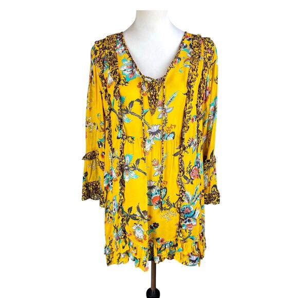 Anthropologie Marigold Yellow Bright Floral Ruffle V-neck Sheer Tunic Blouse - Picture 3 of 15